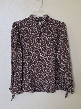 LOFT Womens Brown Neutral Floral Printed Mock Neck Blouse Top - Size MP